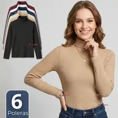 UTILISIMO - Pack 6 Camiseta Polera Polar Primera Capa Acanalada Cuello Beatle Manga Larga Color Surtido Mujer
