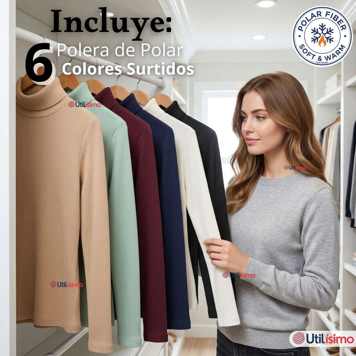 UTILISIMO - Pack 6 Camiseta Polera Polar Primera Capa Acanalada Cuello Beatle Manga Larga Color Surtido Mujer