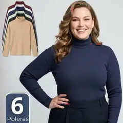 UTILISIMO - Pack 6 Camiseta Polera Polar Primera Capa Acanalada Cuello Beatle Manga Larga Color Surtido Mujer