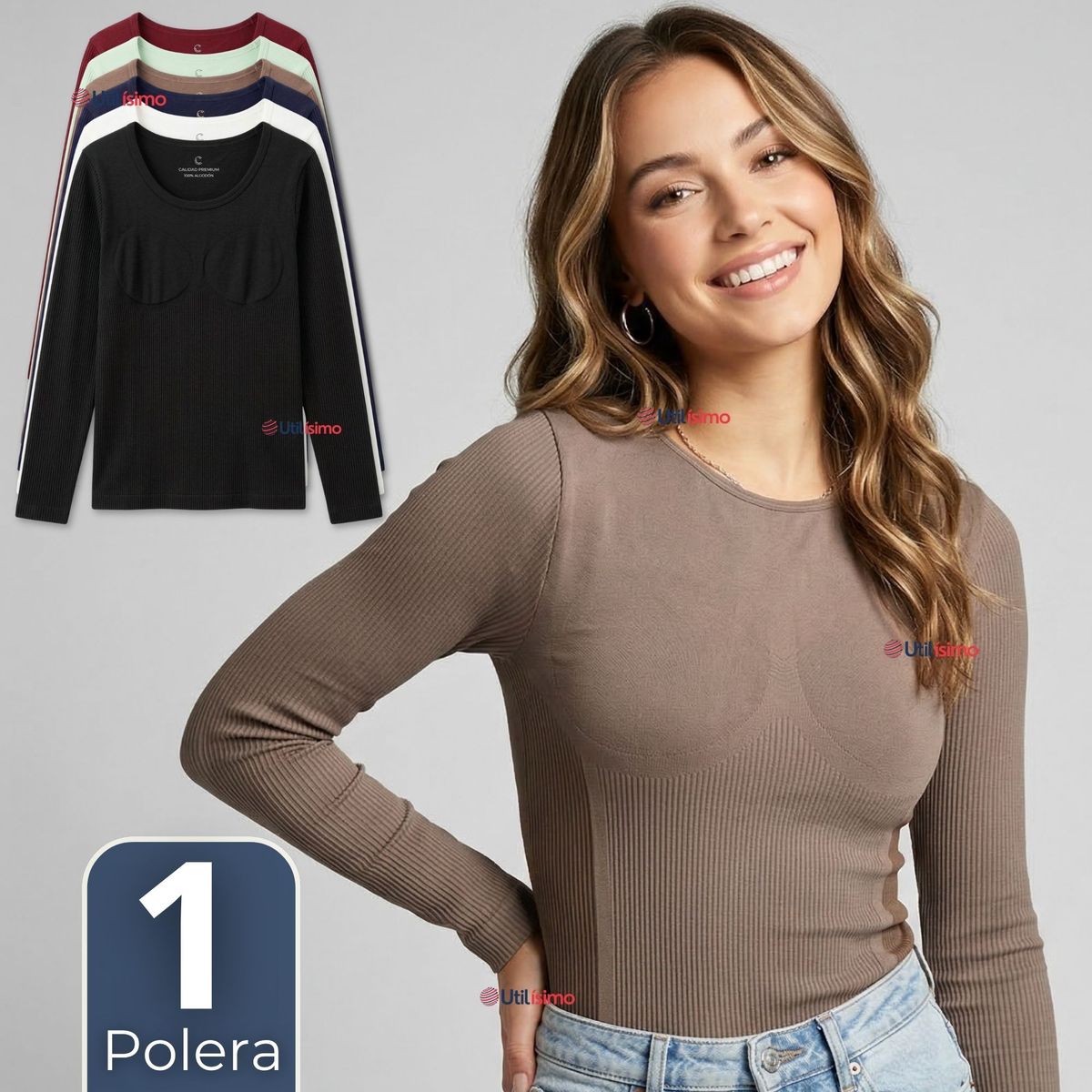 UTILISIMO - Camiseta Polera Polar Reductora Primera Capa Acanalada Manga Larga Colores Surtidos Mujer