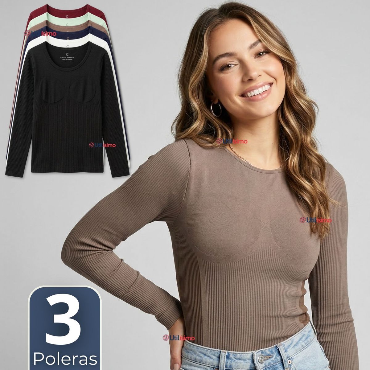 UTILISIMO - Pack 3 Camisetas Polera Polar Reductora Primera Capa Acanalada Manga Larga Colores Surtidos Mujer