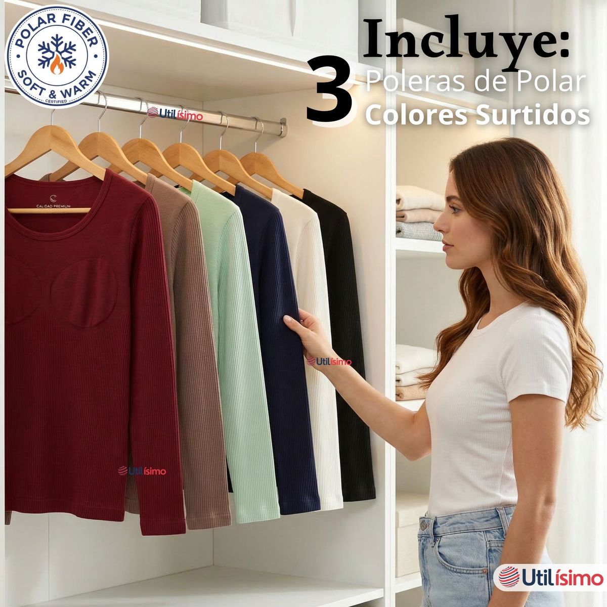 UTILISIMO - Pack 3 Camisetas Polera Polar Reductora Primera Capa Acanalada Manga Larga Colores Surtidos Mujer