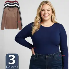 UTILISIMO - Pack 3 Camisetas Polera Polar Reductora Primera Capa Acanalada Manga Larga Colores Surtidos Mujer