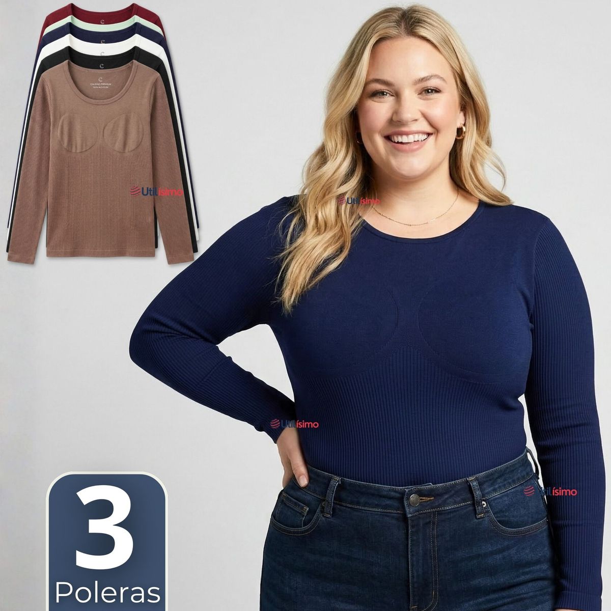 UTILISIMO - Pack 3 Camisetas Polera Polar Reductora Primera Capa Acanalada Manga Larga Colores Surtidos Mujer