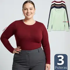 UTILISIMO - Pack 3 Camisetas Polera Polar Reductora Primera Capa Acanalada Manga Larga Colores Surtidos Mujer