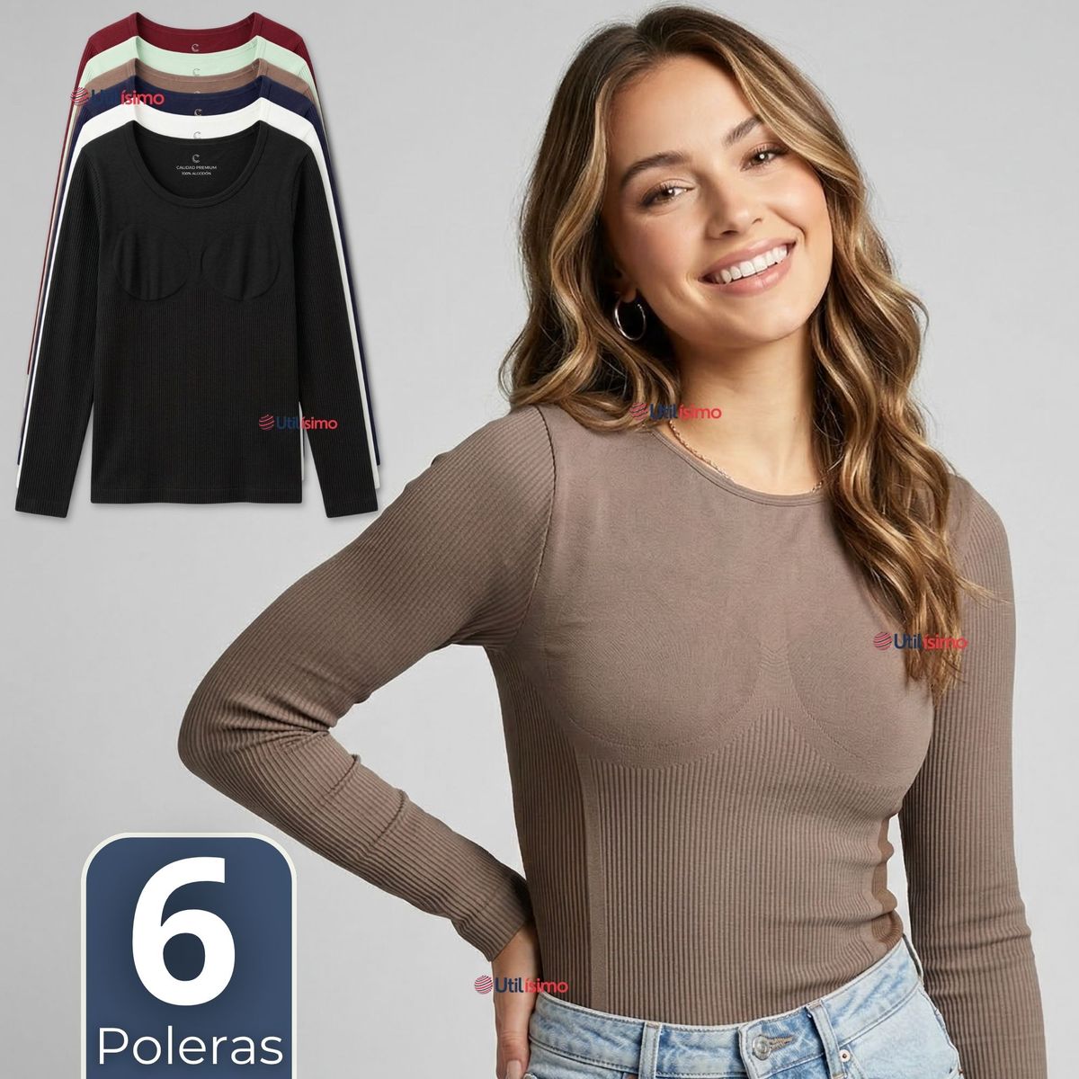 UTILISIMO - Pack 6 Camisetas Polera Polar Reductora Primera Capa Acanalada Manga Larga Colores Surtidos Mujer