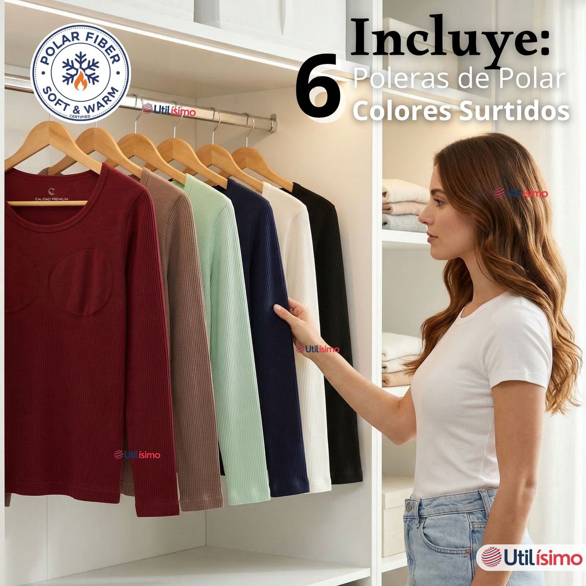 UTILISIMO - Pack 6 Camisetas Polera Polar Reductora Primera Capa Acanalada Manga Larga Colores Surtidos Mujer