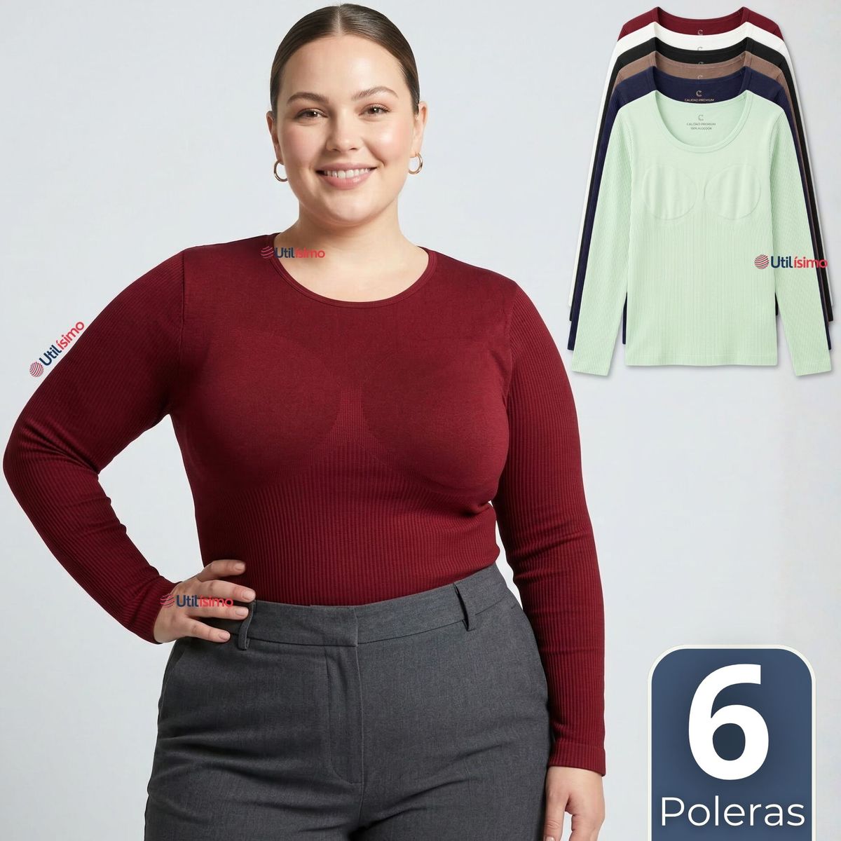 UTILISIMO - Pack 6 Camisetas Polera Polar Reductora Primera Capa Acanalada Manga Larga Colores Surtidos Mujer