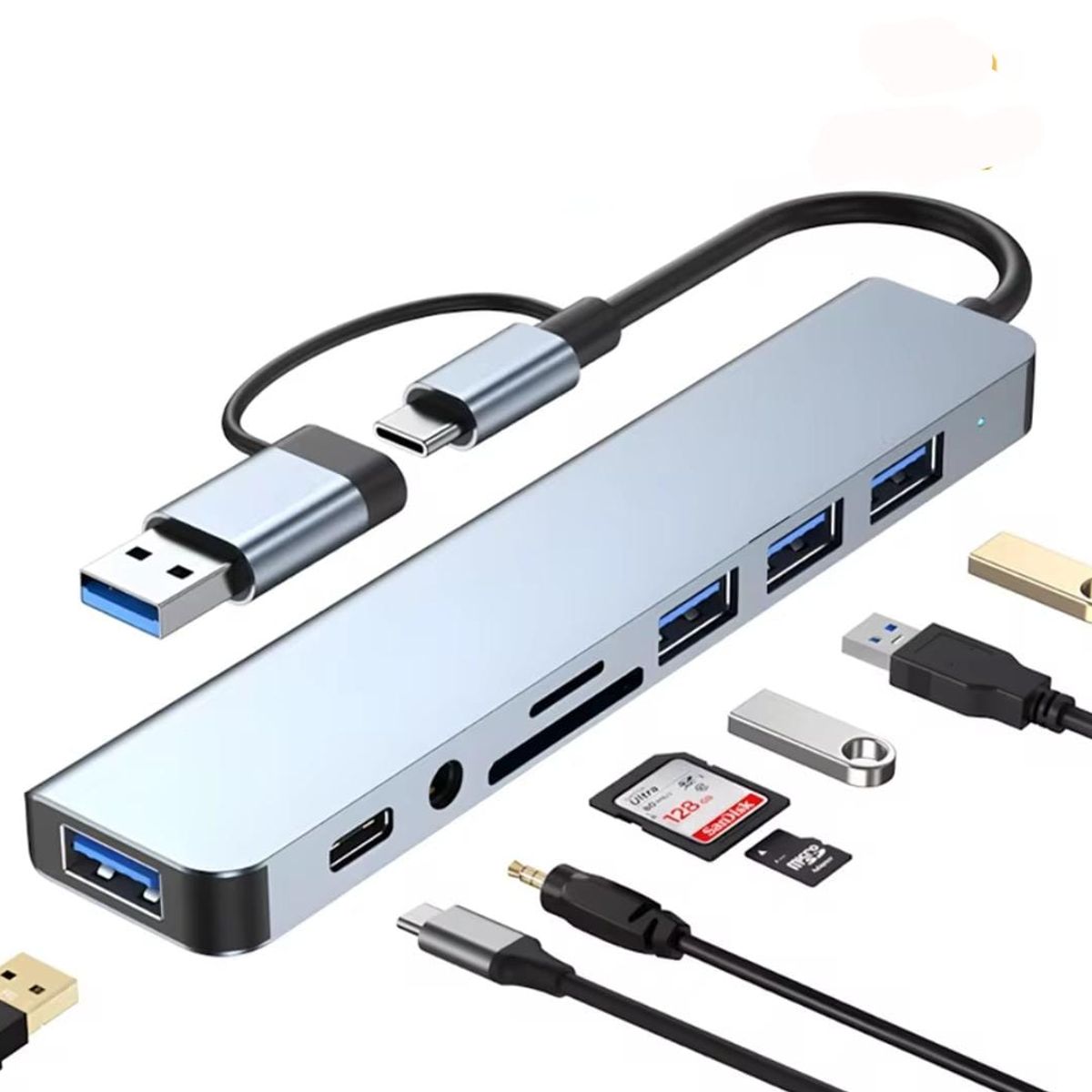 GENERICO - Multipuertos Hub 8 En 1 Usb Y Tipo C Con Lector De Tarjetas