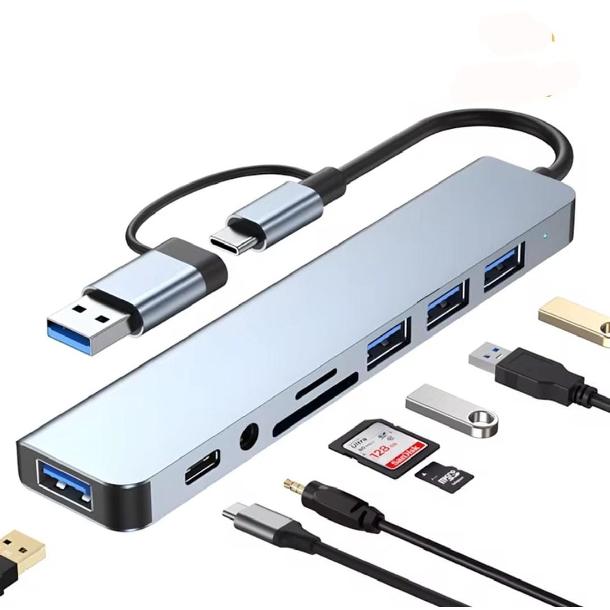 GENERICO - Multipuertos Hub 8 En 1 Usb Y Tipo C Con Lector De Tarjetas