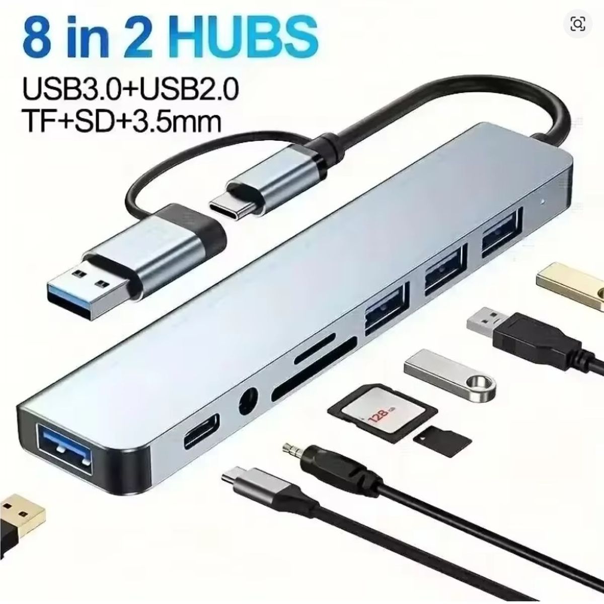 GENERICO - Multipuertos Hub 8 En 1 Usb Y Tipo C Con Lector De Tarjetas