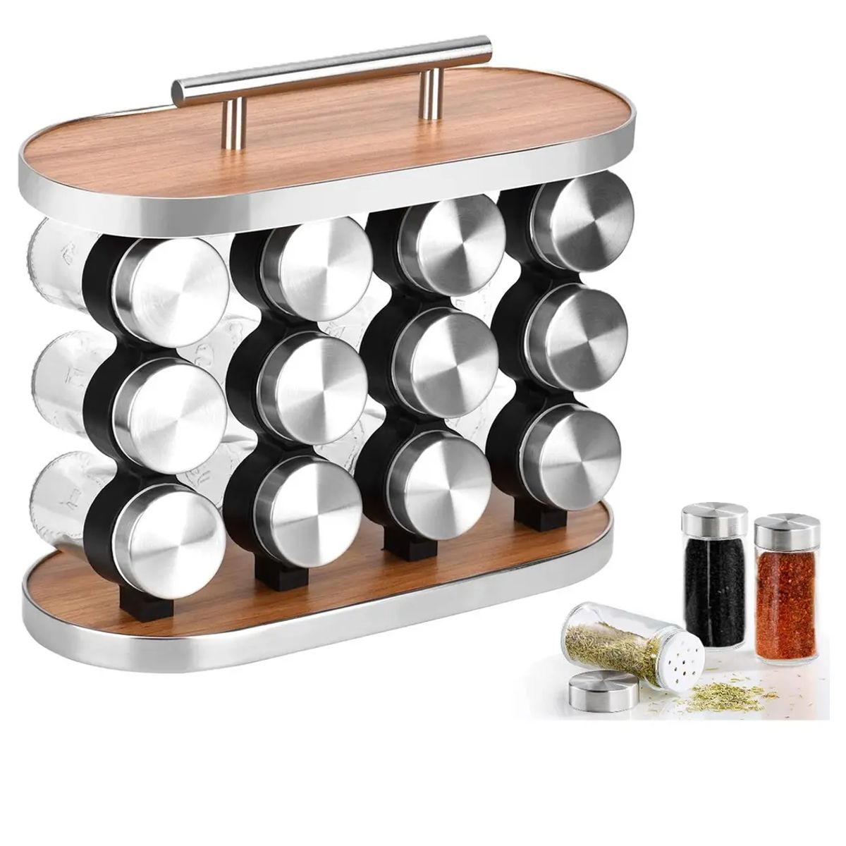 GENERICO - Porta Especiero Madera Condimentos Especieros 12 Frascos Color Marron/plateado