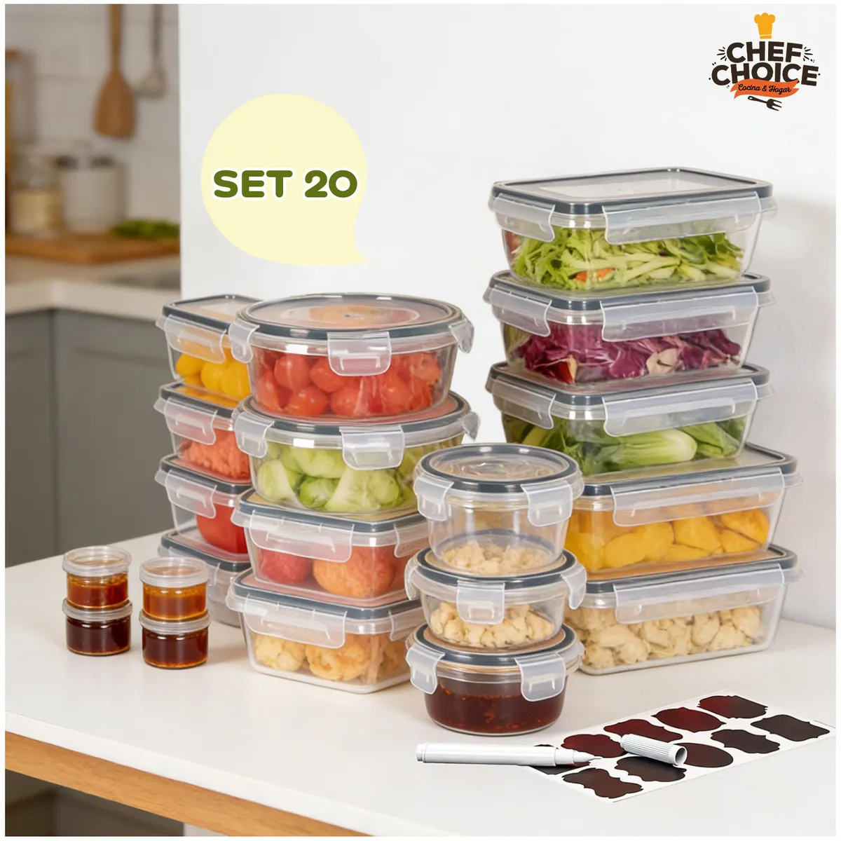 CHEFCHOICE - Set 20 Contenedores Alimentos Tapers Herméticos Libre De Bpa