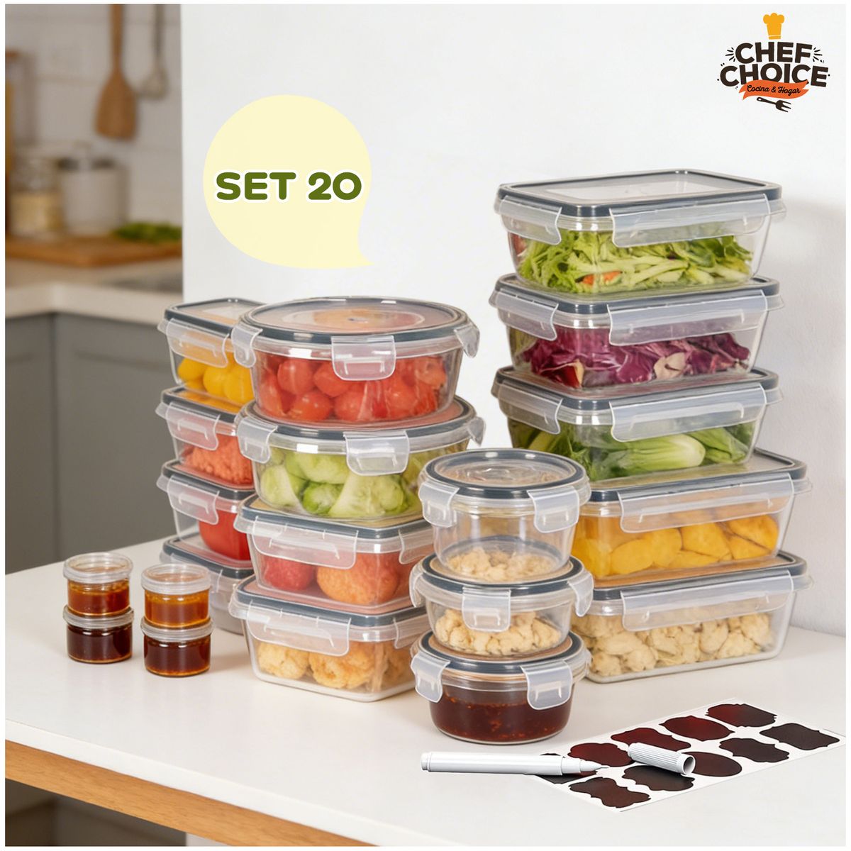 CHEFCHOICE - Set 20 Contenedores Alimentos Tapers Herméticos Libre De Bpa