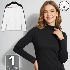 UTILISIMO - Camiseta Polera Algodón Primera Capa Cuello Beatle Manga Larga Blanco Negro Mujer