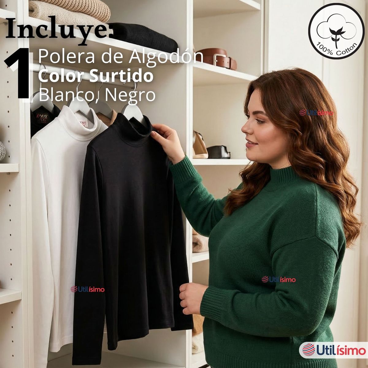 UTILISIMO - Camiseta Polera Algodón Primera Capa Cuello Beatle Manga Larga Blanco Negro Mujer