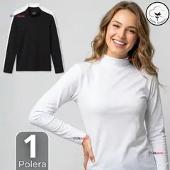 UTILISIMO - Camiseta Polera Algodón Primera Capa Cuello Beatle Manga Larga Blanco Negro Mujer