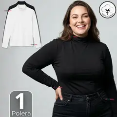UTILISIMO - Camiseta Polera Algodón Primera Capa Cuello Beatle Manga Larga Blanco Negro Mujer