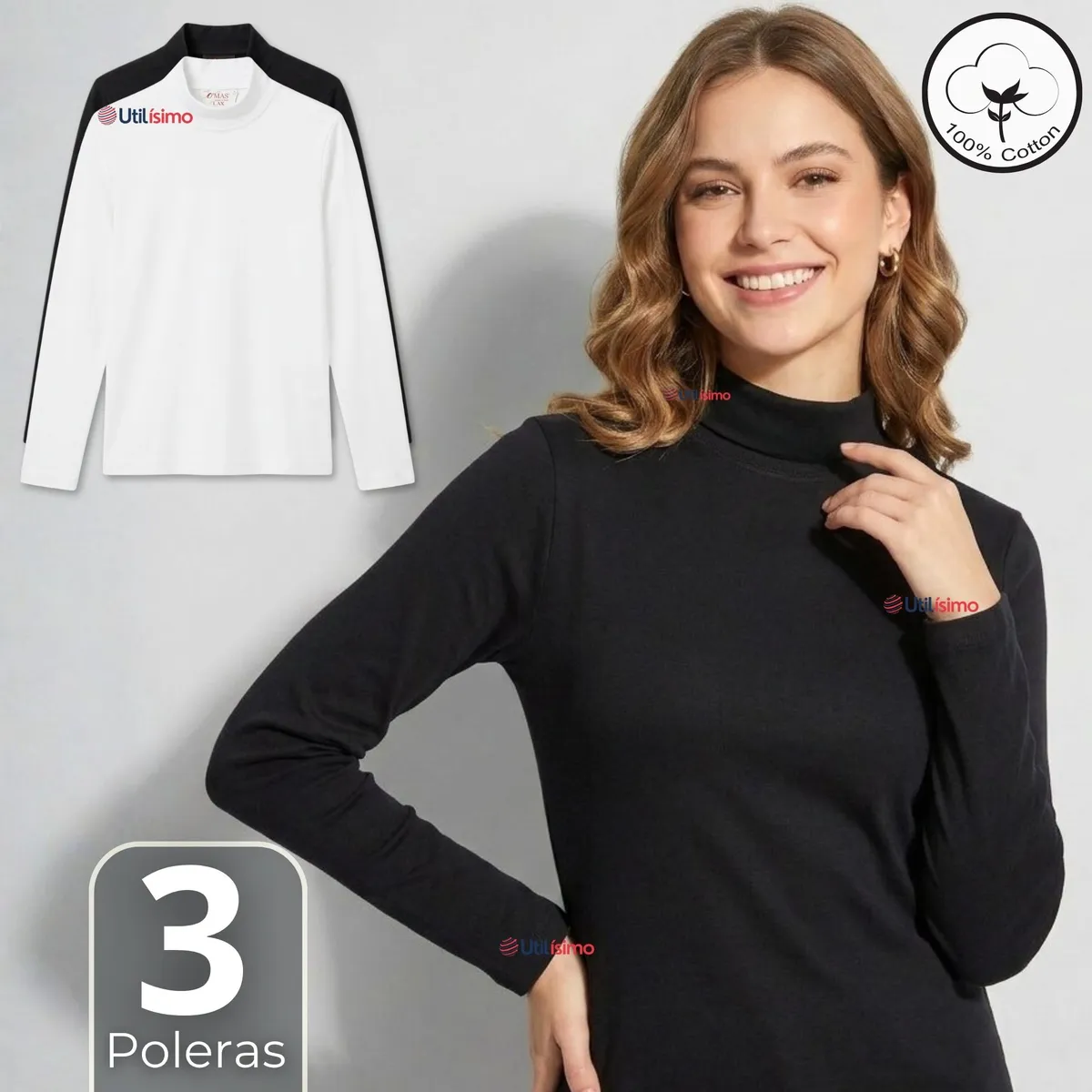 UTILISIMO - Pack 3 Camisetas Poleras Algodón Primera Capa Cuello Beatle Manga Larga Blanco Negro Mujer
