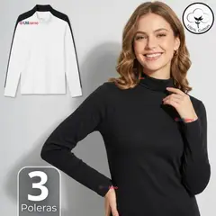UTILISIMO - Pack 3 Camisetas Poleras Algodón Primera Capa Cuello Beatle Manga Larga Blanco Negro Mujer