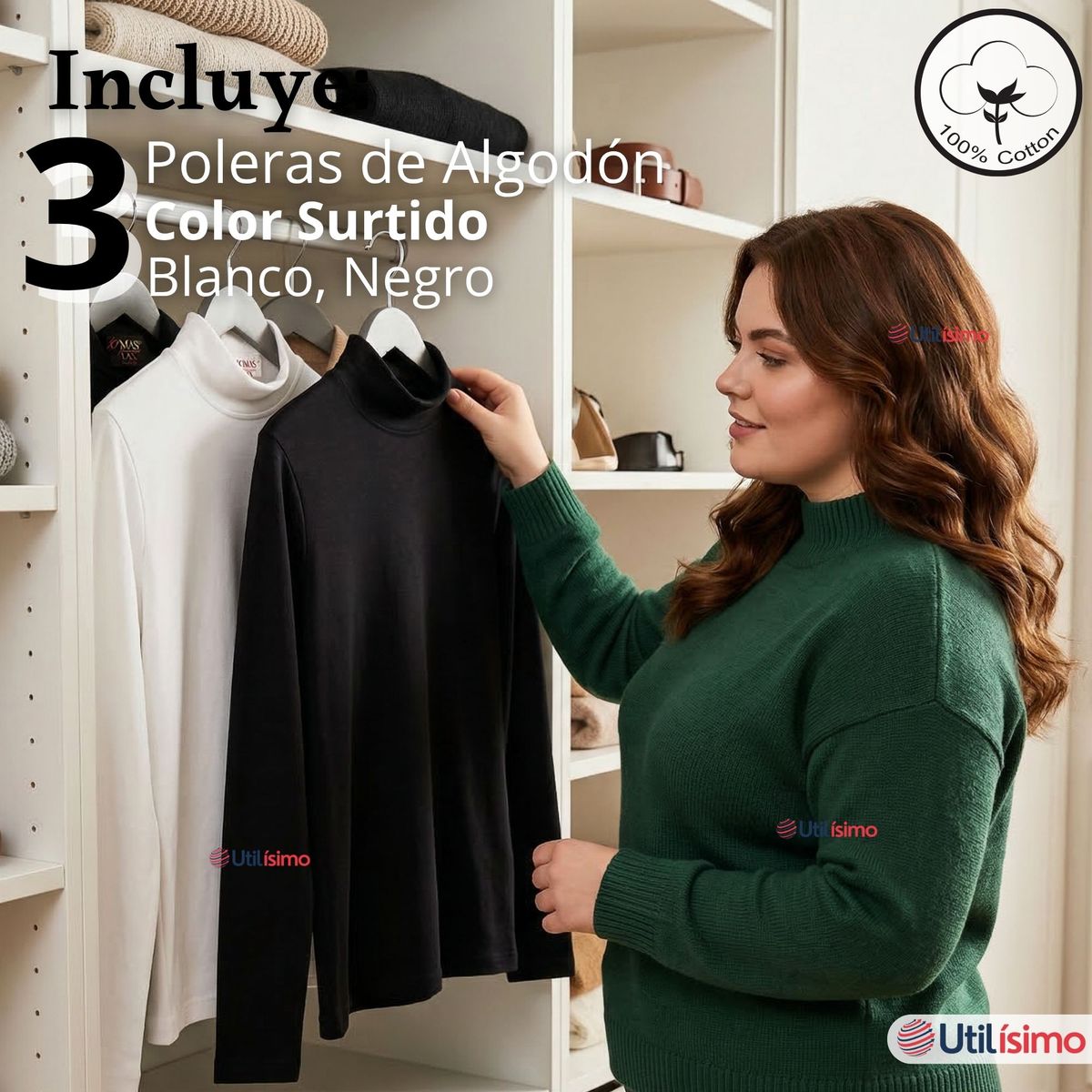 UTILISIMO - Pack 3 Camisetas Poleras Algodón Primera Capa Cuello Beatle Manga Larga Blanco Negro Mujer