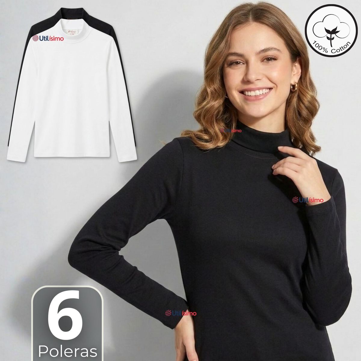 UTILISIMO - Pack 6 Camisetas Poleras Algodón Primera Capa Cuello Beatle Manga Larga Blanco Negro Mujer