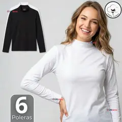 UTILISIMO - Pack 6 Camisetas Poleras Algodón Primera Capa Cuello Beatle Manga Larga Blanco Negro Mujer