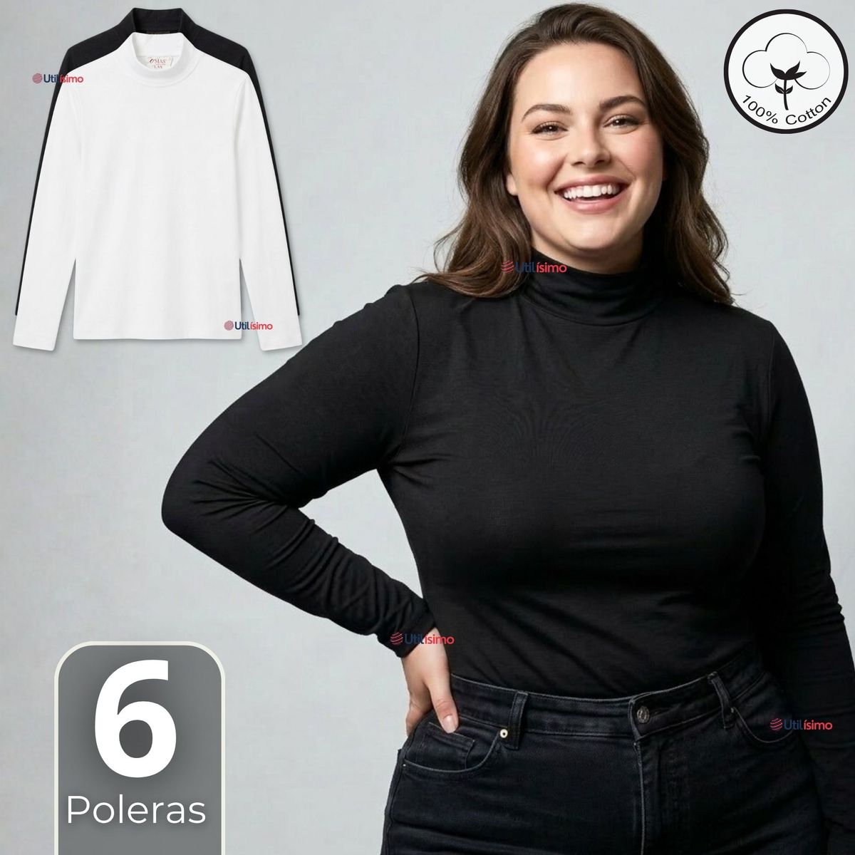 UTILISIMO - Pack 6 Camisetas Poleras Algodón Primera Capa Cuello Beatle Manga Larga Blanco Negro Mujer