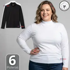 UTILISIMO - Pack 6 Camisetas Poleras Algodón Primera Capa Cuello Beatle Manga Larga Blanco Negro Mujer