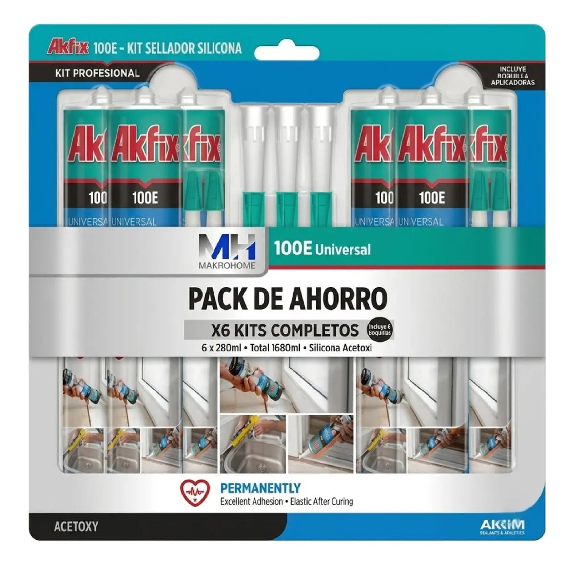 AKFIX - Pack 6 Silicona Universal Antibacteriana Akfix 100e 280ml