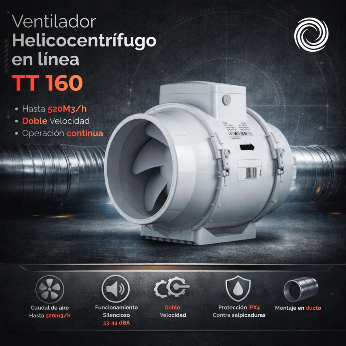 AIROLITE - Ventilador Helicocentrífugo en Línea Airolite TT 160