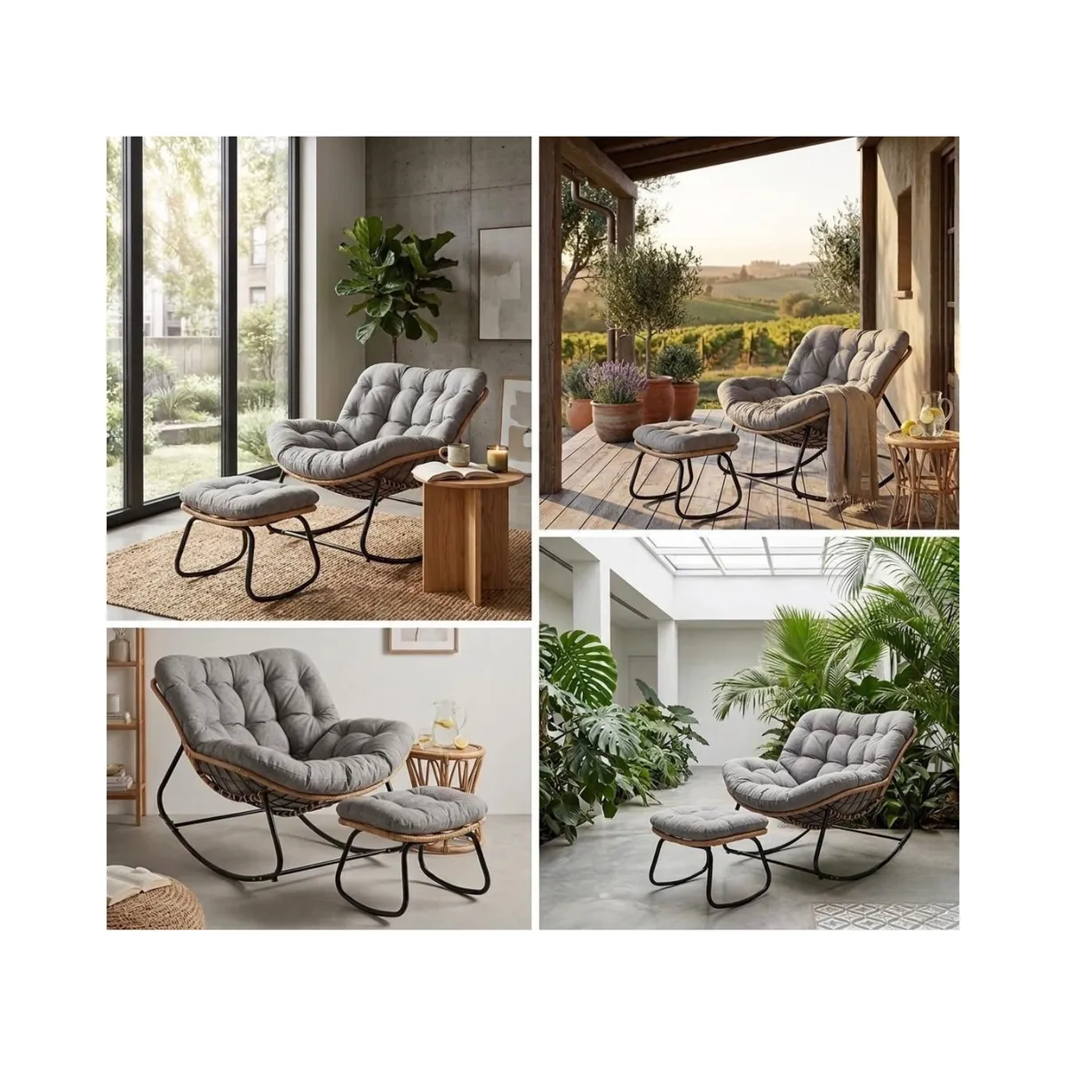 GENERICO - Silla Mecedora Boho Papasan Nido + Reposa Pies Moderna