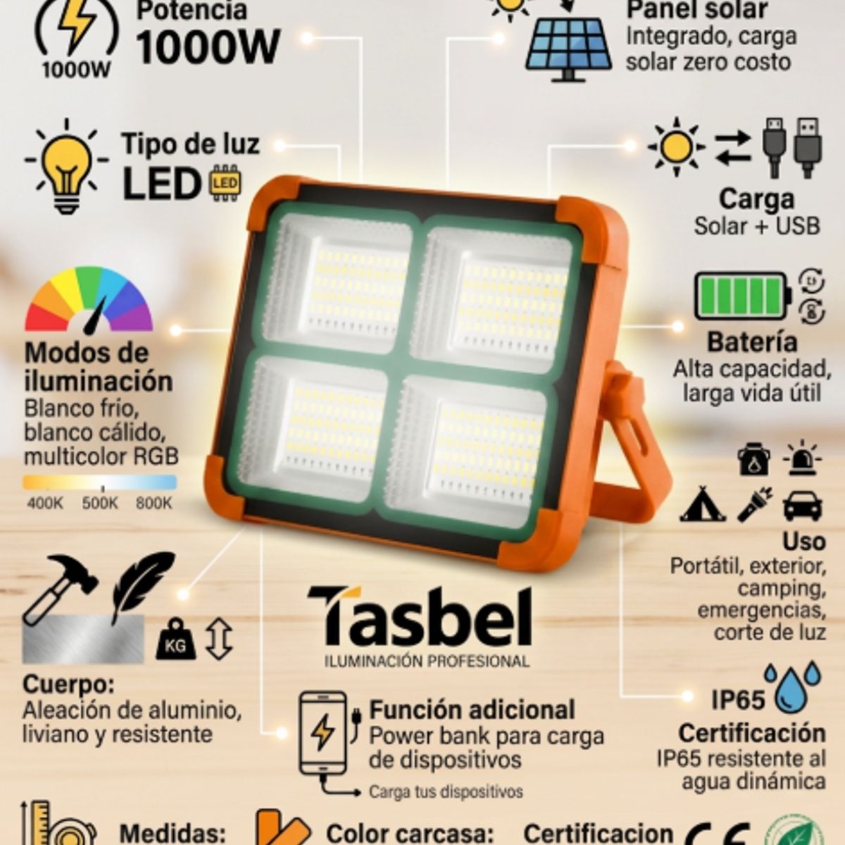 TASBEL - Foco Solar LED 1000W Portatil Exterior Camping IP65 Carga USB Multicolor 21x17cm Tasbel