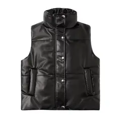 TIOZONEY - Chaleco de PU sin mangas de moda acolchadas de mujer - Negro