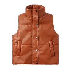 TIOZONEY - Chaleco de PU sin mangas de moda acolchadas de mujer - Café