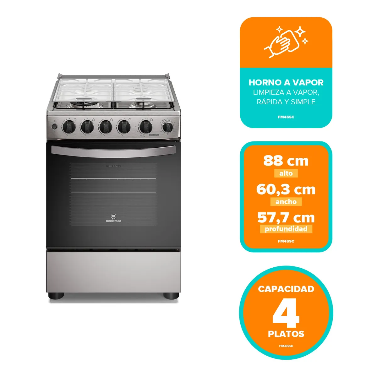 MADEMSA - Cocina a Gas 4 Platos Horno Vapor y Triple Llama FM4SSC Inox
