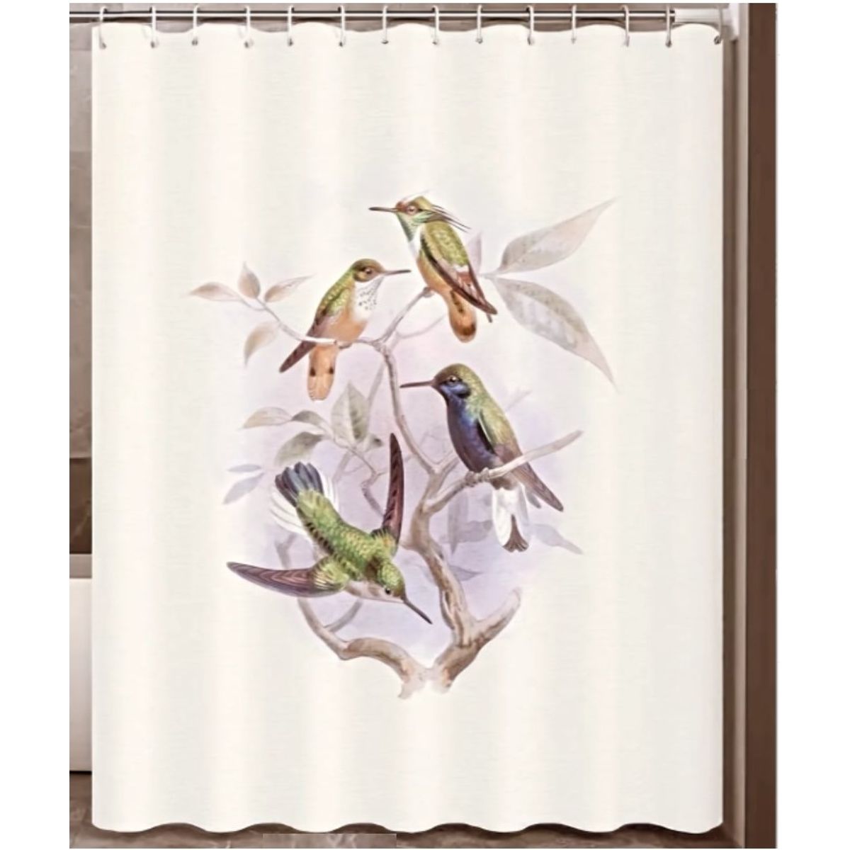 COMPRAPO - Cortina Baño Impermeable Ramas y Colibríes más 12 Ganchos 180x180 Cm.