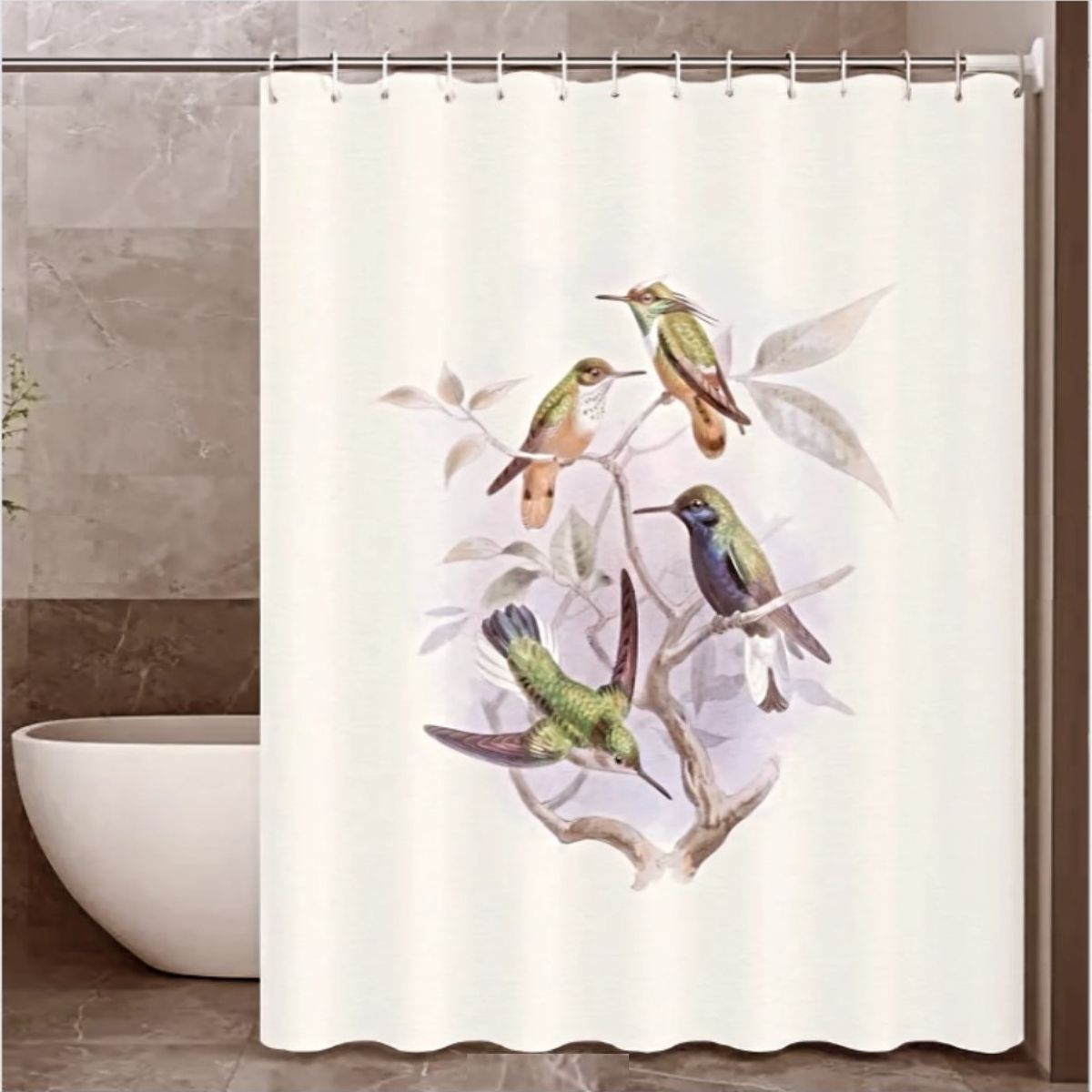 COMPRAPO - Cortina Baño Impermeable Ramas y Colibríes más 12 Ganchos 180x180 Cm.
