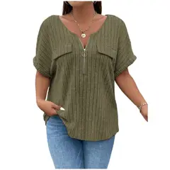 TIOZONEY - Blusa de manga corta con cierre de cremallera