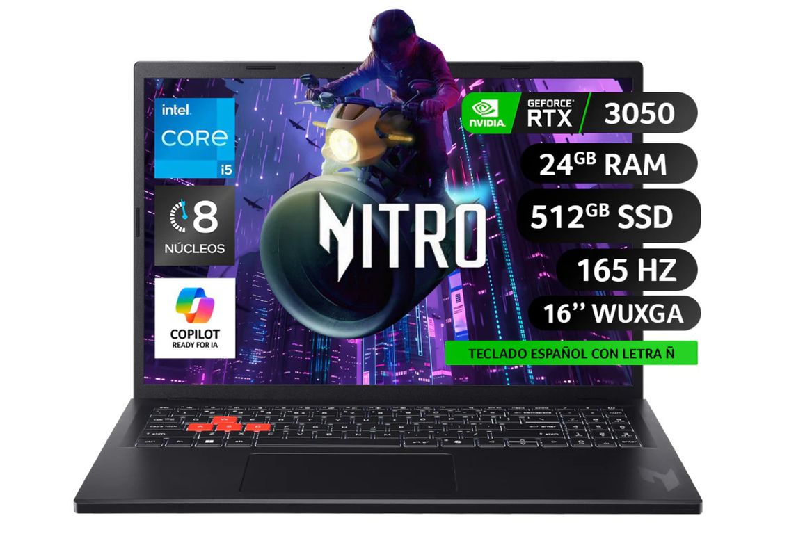Notebook Gamer / IntelCorei5 / NVIDIA RTX 3050 / 24GB RAM /512GBSSD /16" a 165Hz