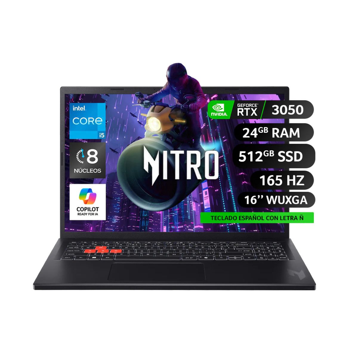 ACER - Notebook Gamer Acer / IntelCorei5 / NVIDIA RTX 3050 / 24GB RAM /512GBSSD /16" a 165Hz
