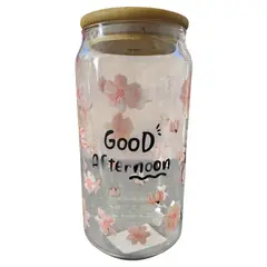 GENERICO - Vaso Lata De Vidrio Con Tapa De Bambú Y Bombilla 550ml- ROSADO
