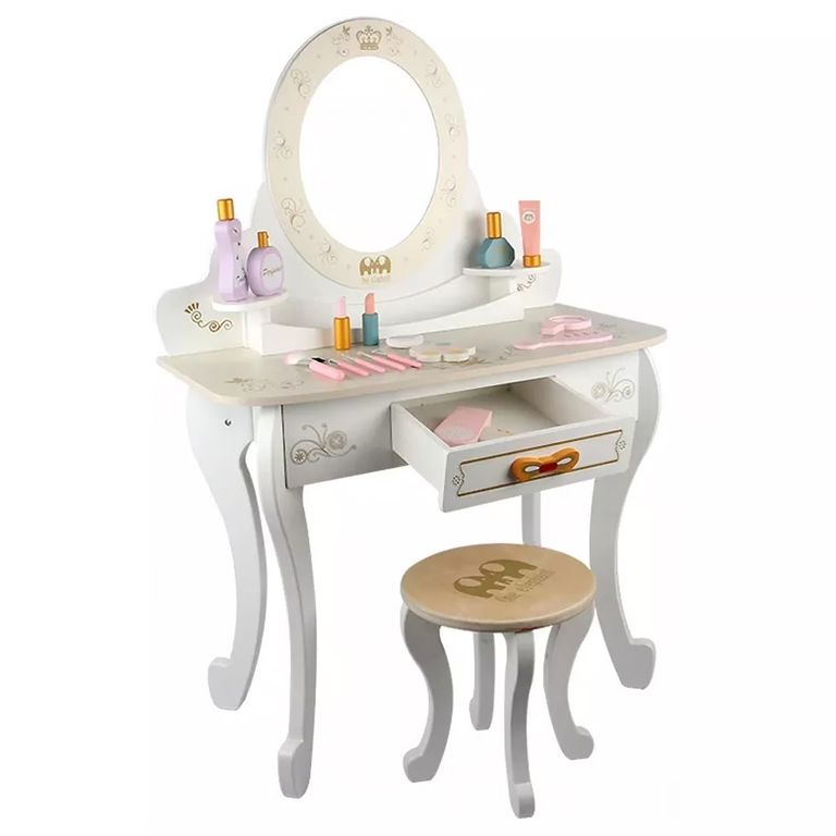 Tocador Madera Princesa Infantil con Taburete y Set de Belleza