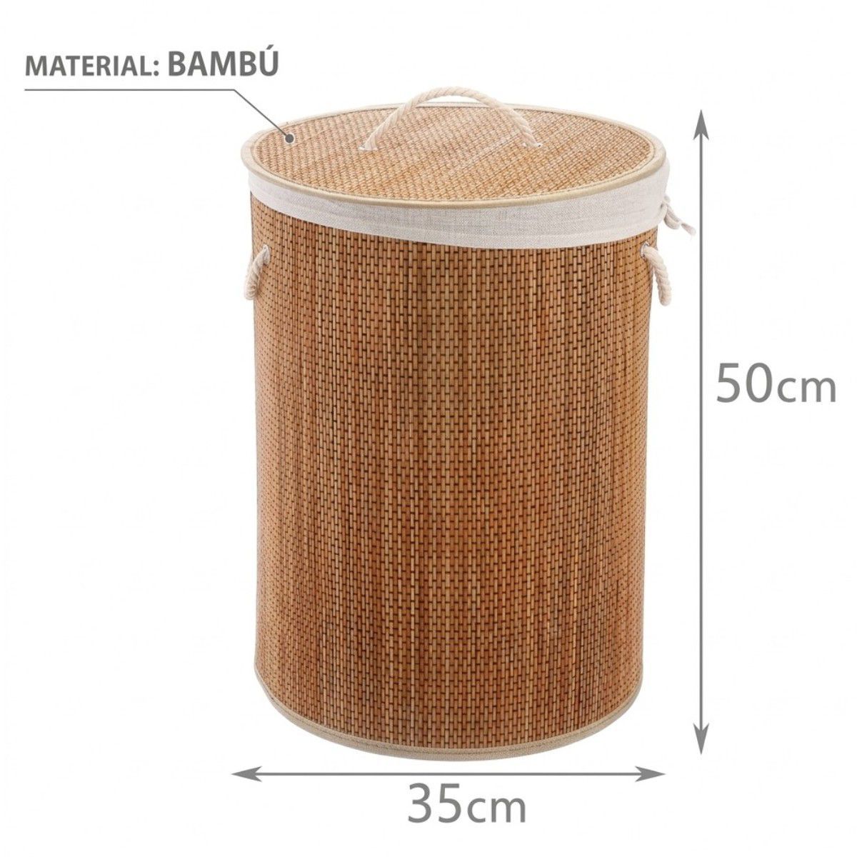 OEM - Cesto De Ropa Bambu Con Tapa Material Resistente Redondo Beige