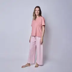 SIMPLY B - Pijama mujer pantalón y polera vichy rosado algodón pima S