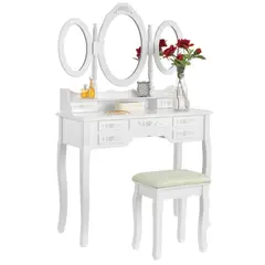 JUGUETON - Tocador Madera Infantil con Espejo Triple y Asiento Taburete