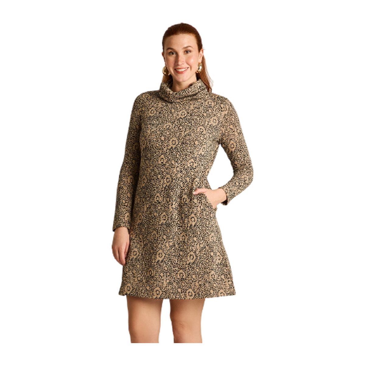 LORENZO DI PONTTI - Vestido Midi Camel en Lanilla con Cuello Alto y Estampado Circular