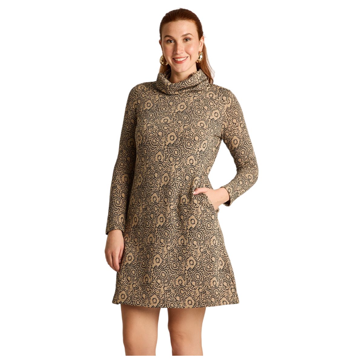 LORENZO DI PONTTI - Vestido Midi Camel en Lanilla con Cuello Alto y Estampado Circular