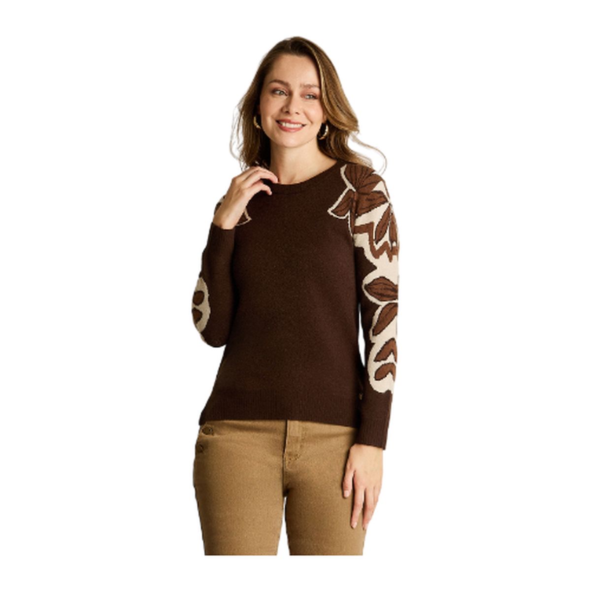 LORENZO DI PONTTI - Sweater Café con Estampado Floral Jacquard en Tejido