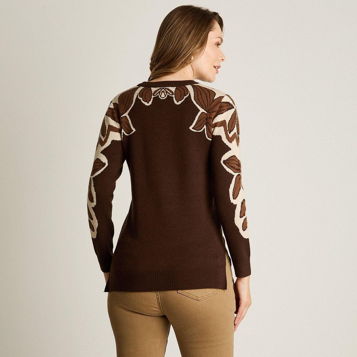 LORENZO DI PONTTI - Sweater Café con Estampado Floral Jacquard en Tejido